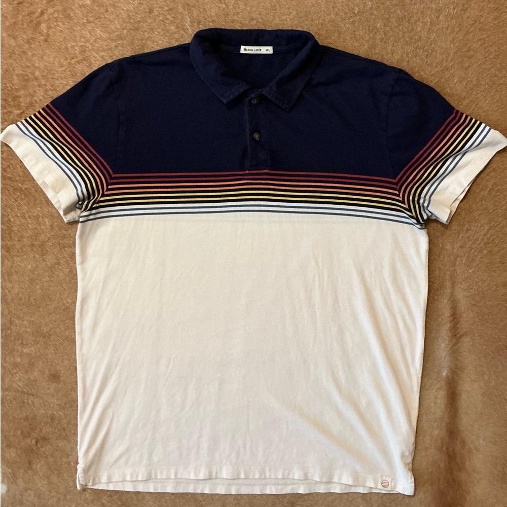 Marine Layer Navy and Cream textured stripe polo ML